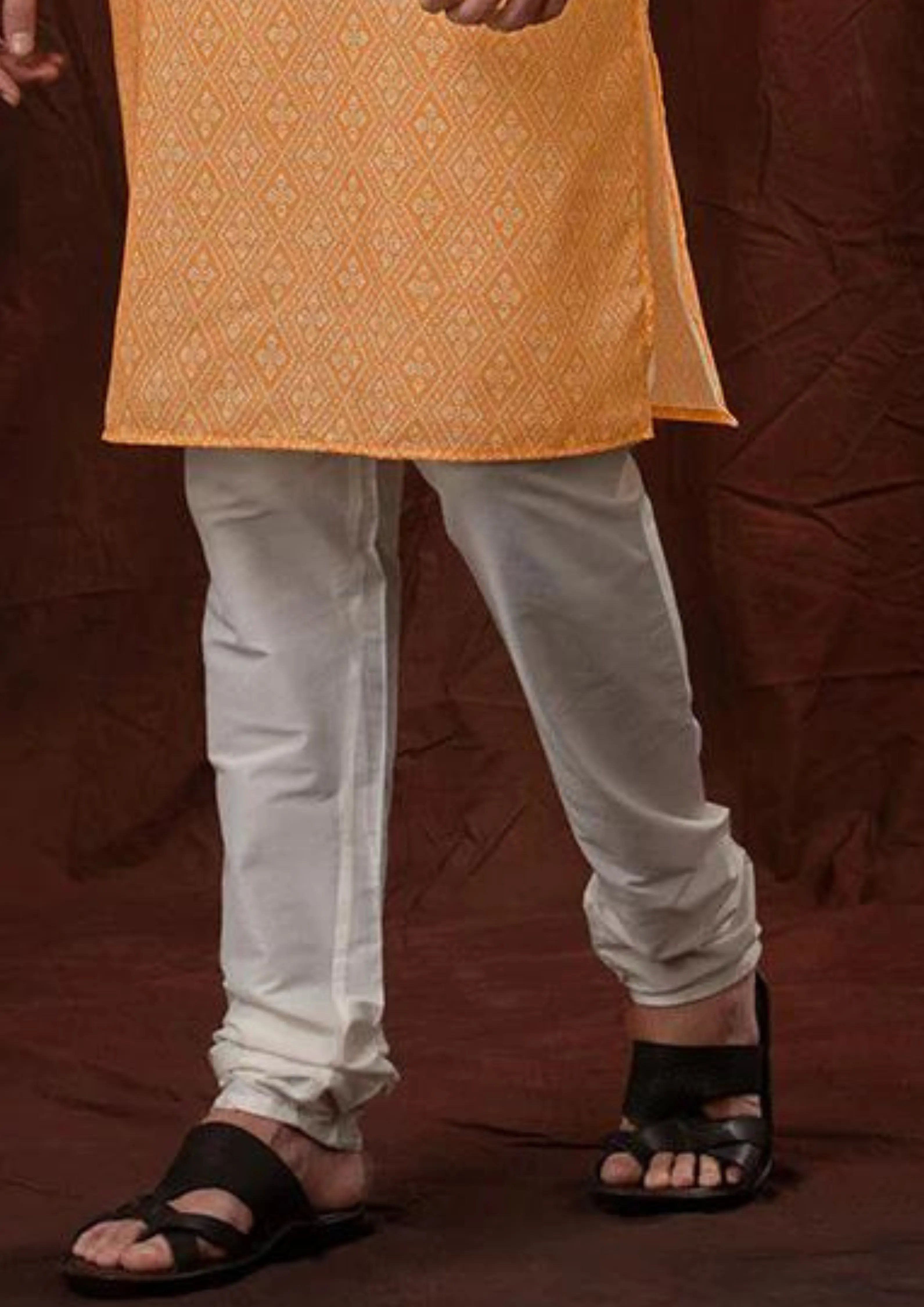 Printed Orange Poly Cotton Straight Cut Men Kurta Pajama For Men